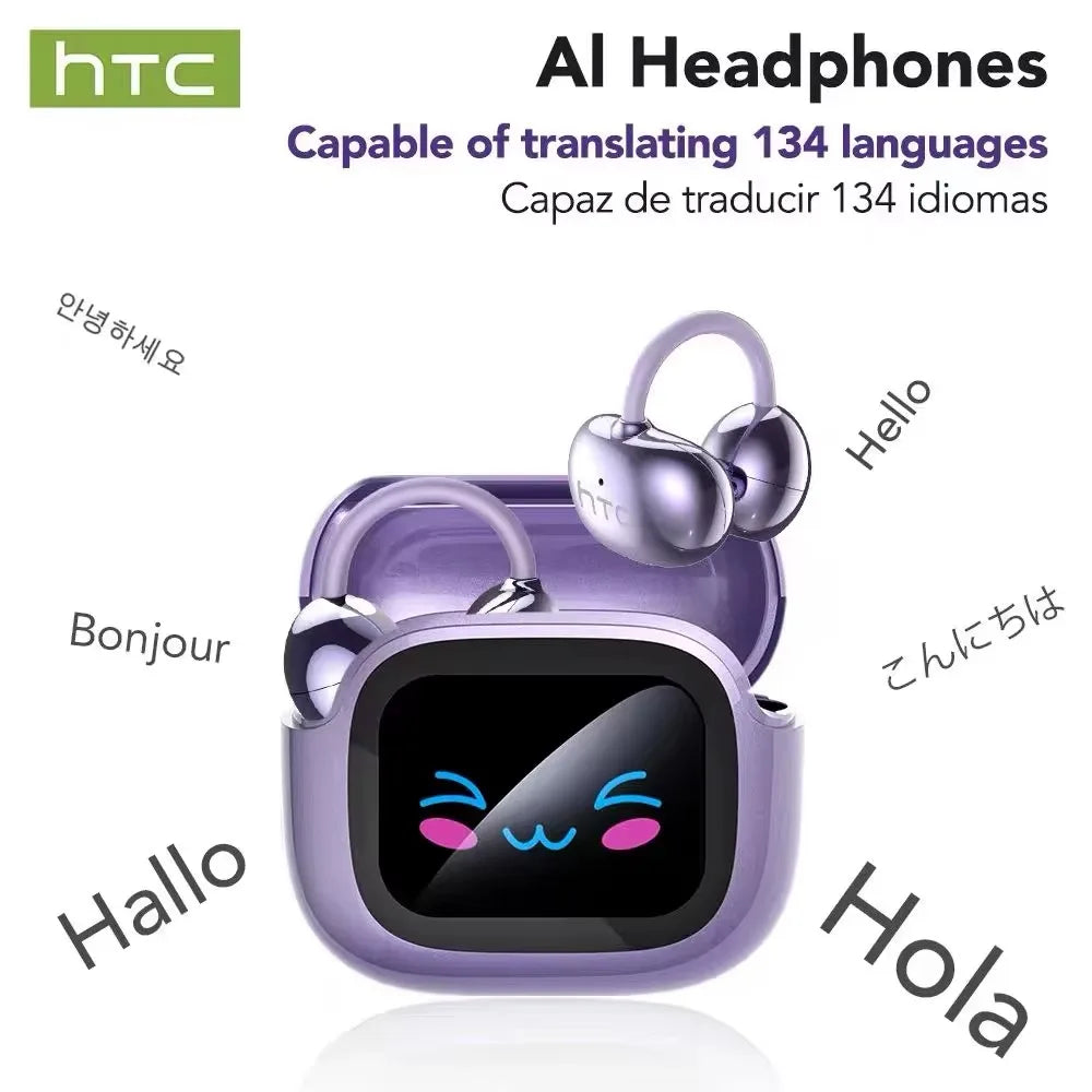 HTC NE32 AI Translator Wireless Earphones OWS Ear Clip Earbuds Bluetooth 6.0 LCD Touch Screen Noise Reduction Sports Headphones