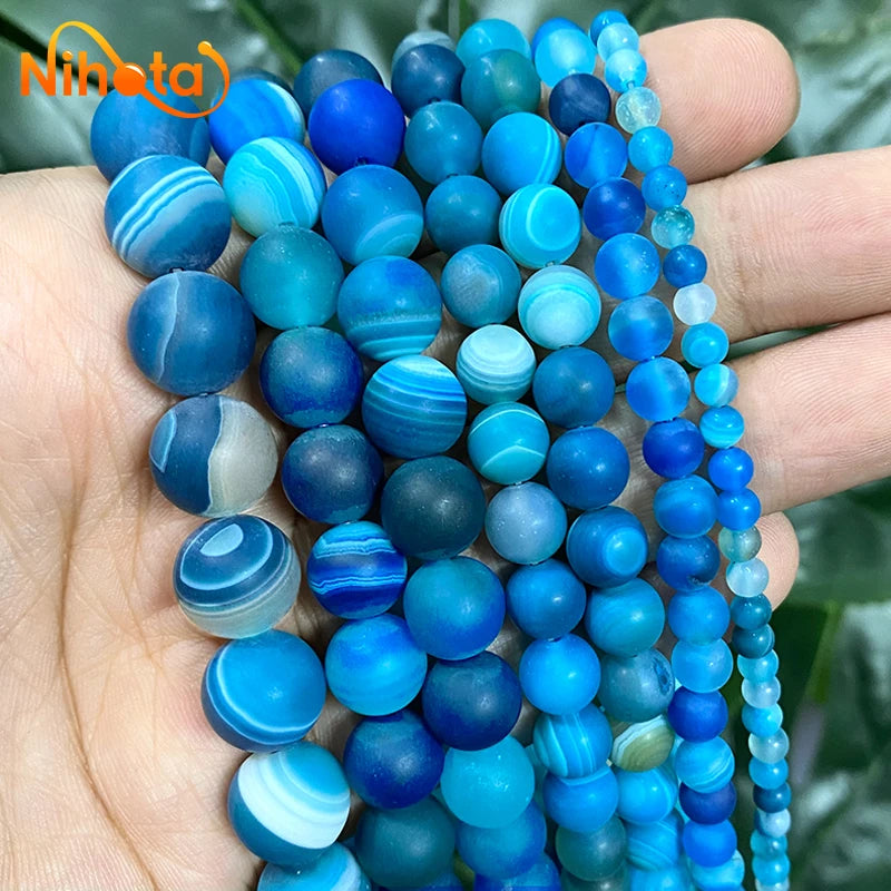 Banded Lace Onyx Matte Blue Stripe Agates Round Natural Stone Beads 4/6/8/10/12/14mm for Jewelry Making DIY Bracelets 15" Strand