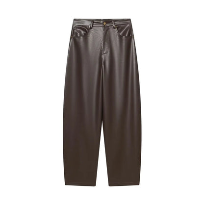 BSAY Balloon Style faux leather pants Women Fashion New brown Pocket Chic Female Elastic High Waist Trousers