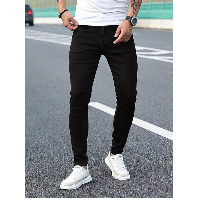 Jeans man stretch black denim, trousers mens solid pants.