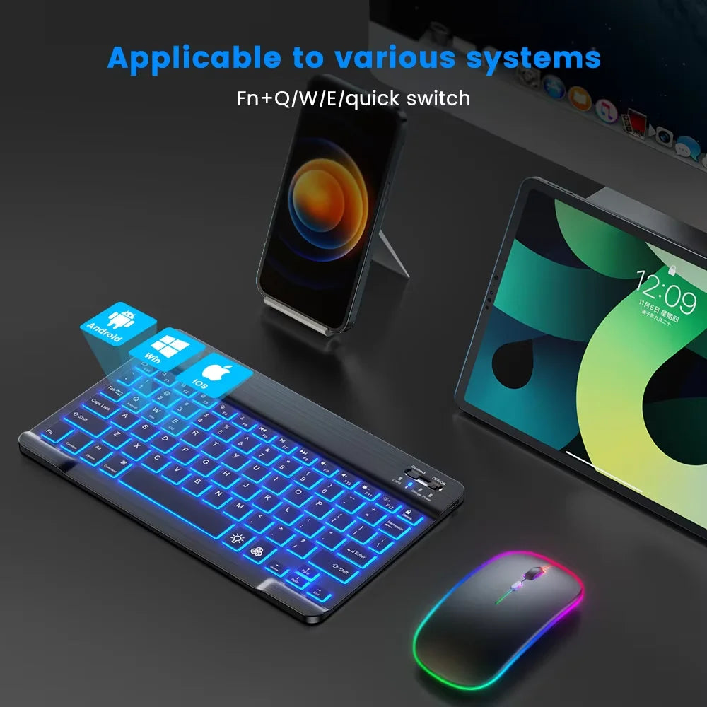 Backlit backlight, wireless keyboard and mouse for iOS, Android, Windows, keyboard Bluetooth-compatible, rainbow backlit keyboard.