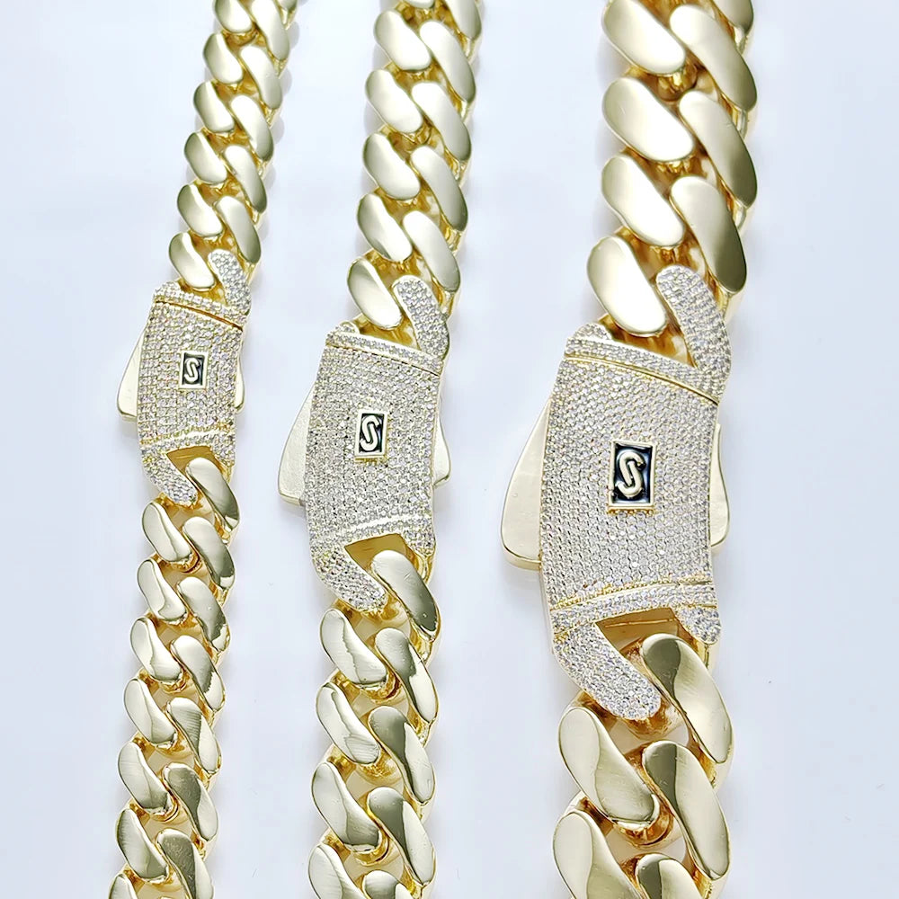 Hot sale 14k gold plated mans chain iced out clasp necklace miami 12/15/20mm brass cuban link chain for men.