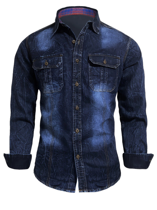Men's blue denim shirt, long-sleeved, fashionable new style, trendy, slim fit, casual, versatile, slim fit, high-end feel.
