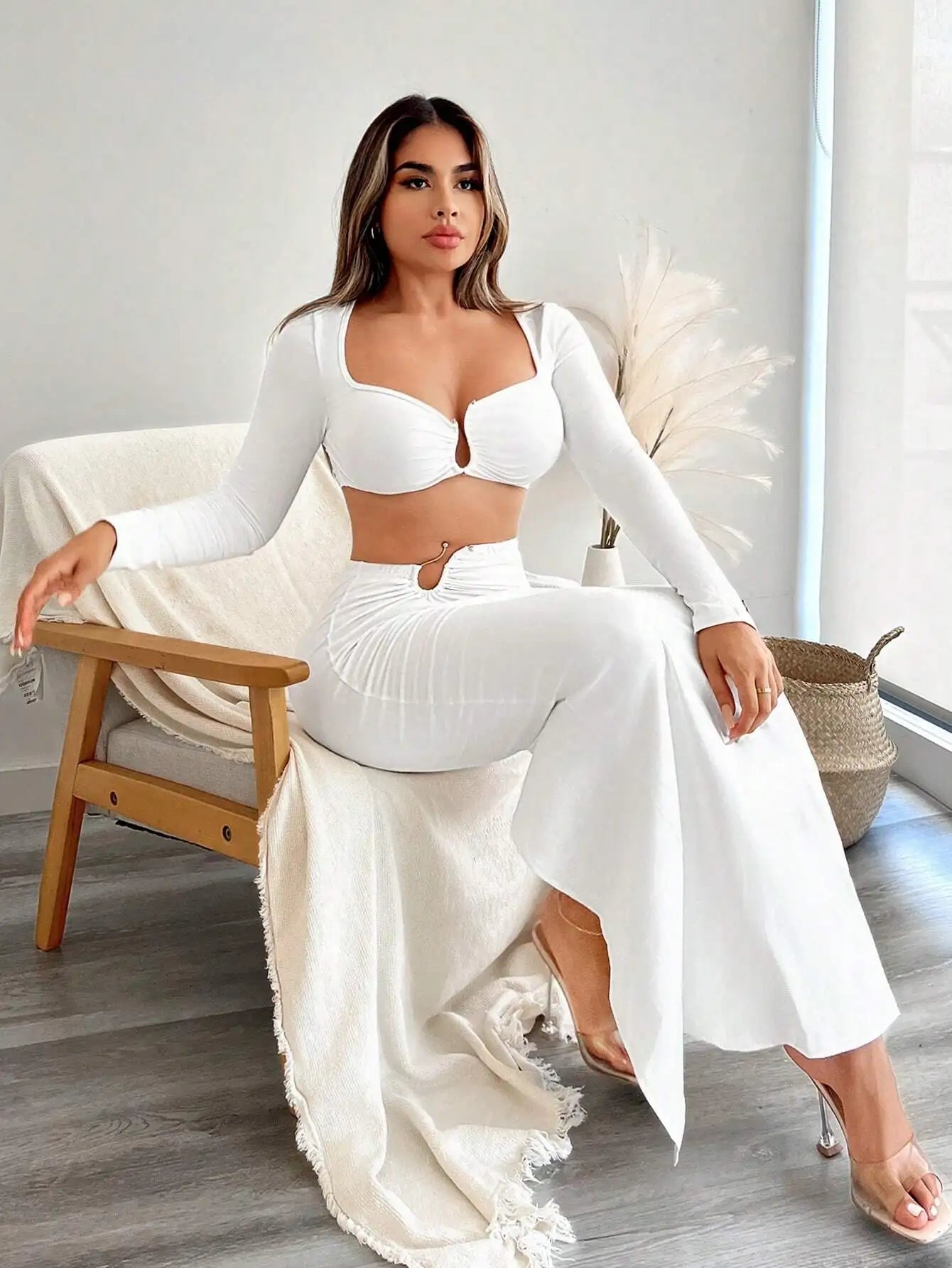 White long sleeve crop top & high waist wide leg pants two piece set for women.