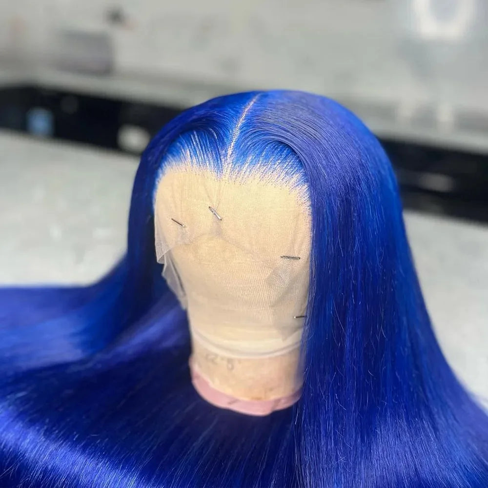Blue Lace Wig Bone Straight Lace Front Wig HD Transparent Pre Plucked 13X4 Lace Frontal Wigs Synthetic Ready To Go perruque