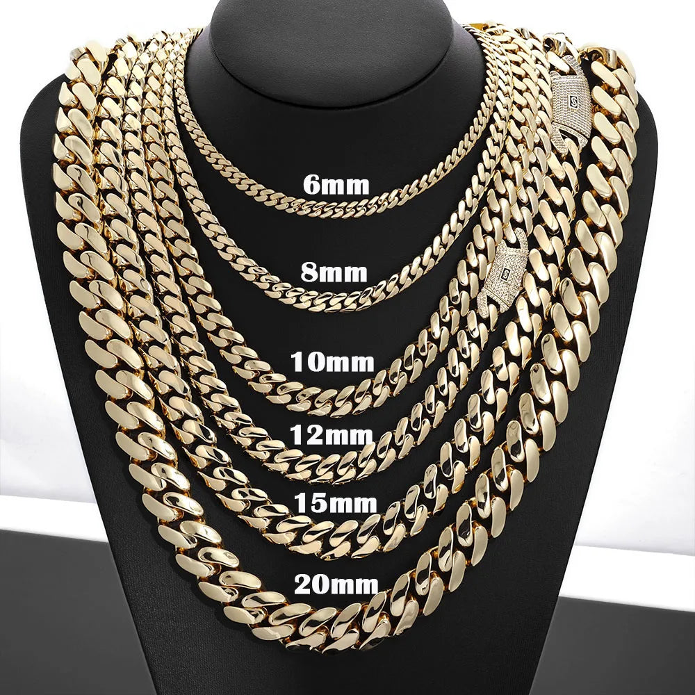 Hot sale 14k gold plated mans chain iced out clasp necklace miami 12/15/20mm brass cuban link chain for men.