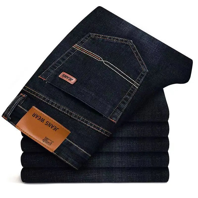 Men's soft straight denim pants classic business black biker jeans.