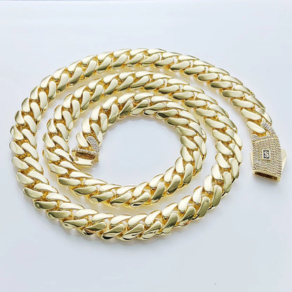 Hot sale 14k gold plated mans chain iced out clasp necklace miami 12/15/20mm brass cuban link chain for men.