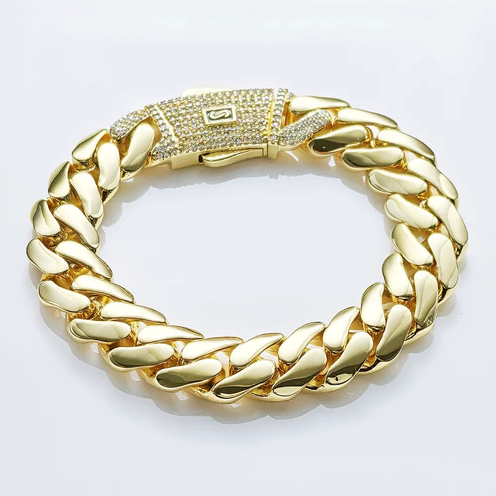 Hot sale 14k gold plated mans chain iced out clasp necklace miami 12/15/20mm brass cuban link chain for men.