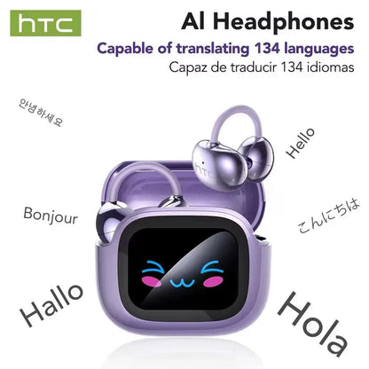 HTC NE32 AI Translator Wireless Earphones OWS Ear Clip Earbuds Bluetooth 6.0 LCD Touch Screen Noise Reduction Sports Headphones