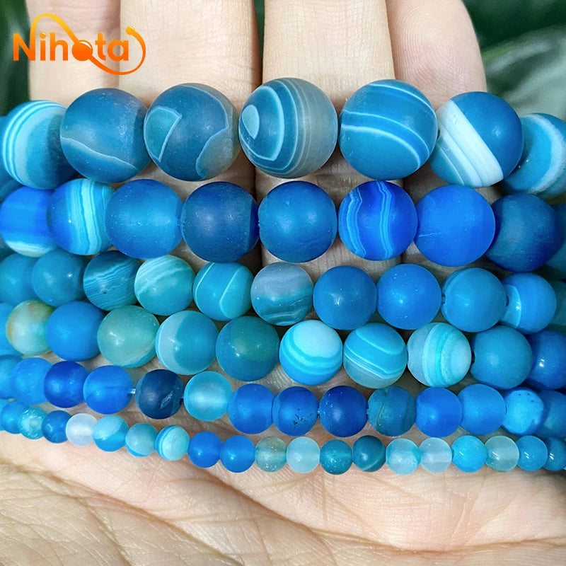 Banded Lace Onyx Matte Blue Stripe Agates Round Natural Stone Beads 4/6/8/10/12/14mm for Jewelry Making DIY Bracelets 15" Strand