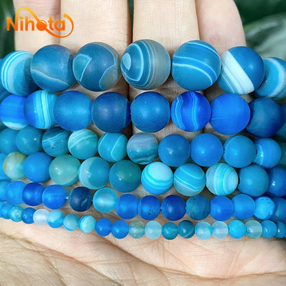 Banded Lace Onyx Matte Blue Stripe Agates Round Natural Stone Beads 4/6/8/10/12/14mm for Jewelry Making DIY Bracelets 15" Strand