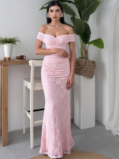 Chic elegant women lace evening maxi dresses off-shoulder pink famale.