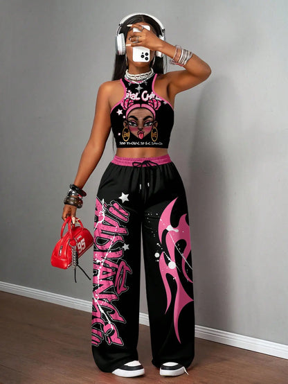 Graphic racerback crop top & wide leg pants set for streetwear.