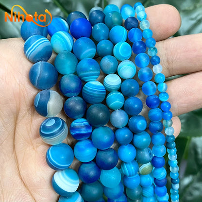Banded Lace Onyx Matte Blue Stripe Agates Round Natural Stone Beads 4/6/8/10/12/14mm for Jewelry Making DIY Bracelets 15" Strand