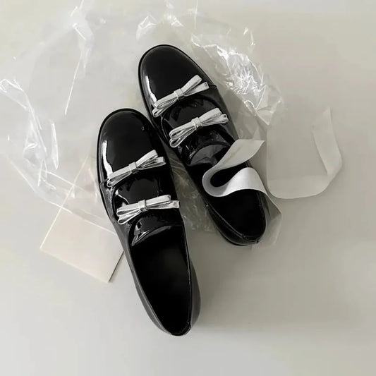 Retro British Style Mary Jane Women's Round Toe Chunky Heel Single Shoes with Bow Tie Comfortable Leather Loafers for Autumn Win