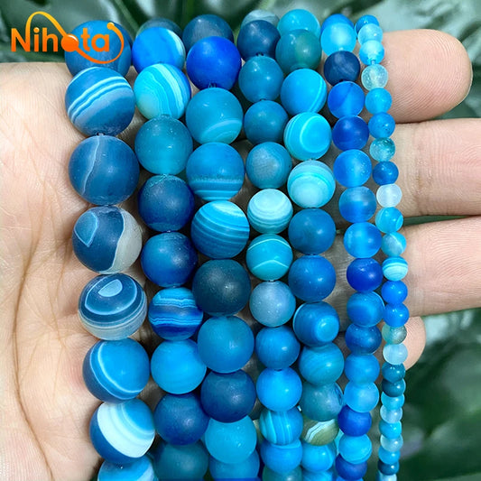 Banded Lace Onyx Matte Blue Stripe Agates Round Natural Stone Beads 4/6/8/10/12/14mm for Jewelry Making DIY Bracelets 15" Strand