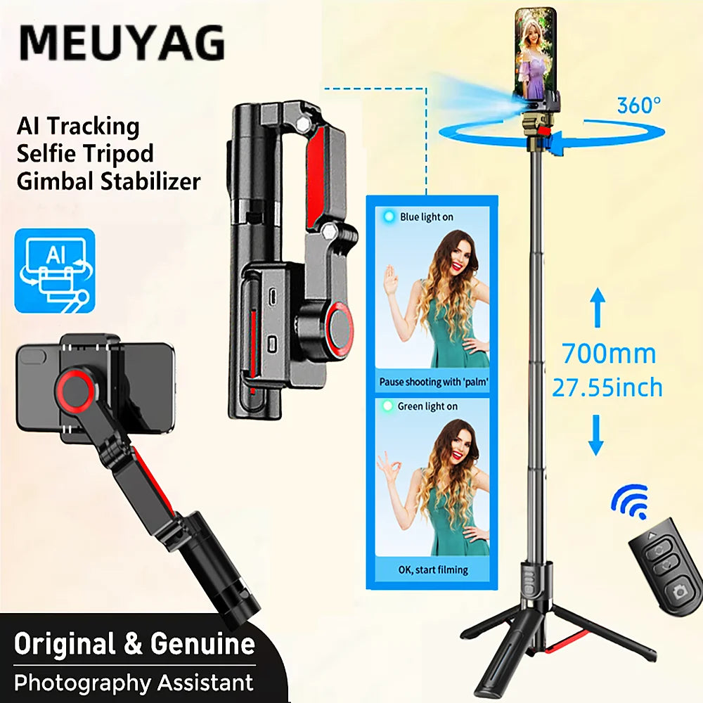 MEUYAG AI face tracking Gimbal Stabilizer Selfie Stick Foldable Wireless Tripod with Bluetooth Shutter Monopod for IOS Android