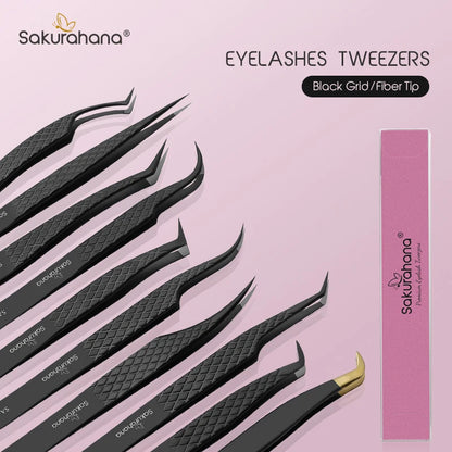SAKURUHANA Professional Eyelash Tweezers Black Fiber Tip For Lash Extensions Mega Volume Mink Lashes Makeup Beauty Kit