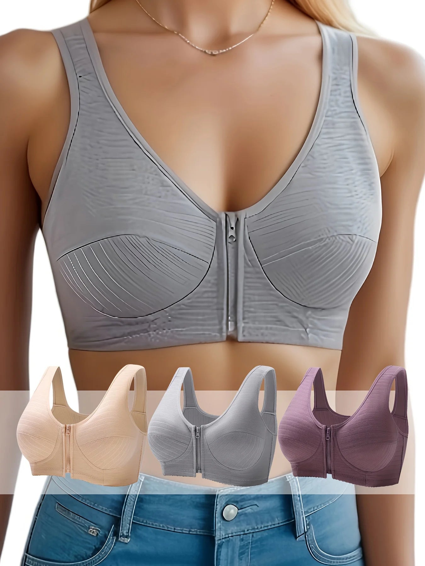Three pieces of wireless, comfortable women's front-closure brassieres for women's lingerie and undergarments.