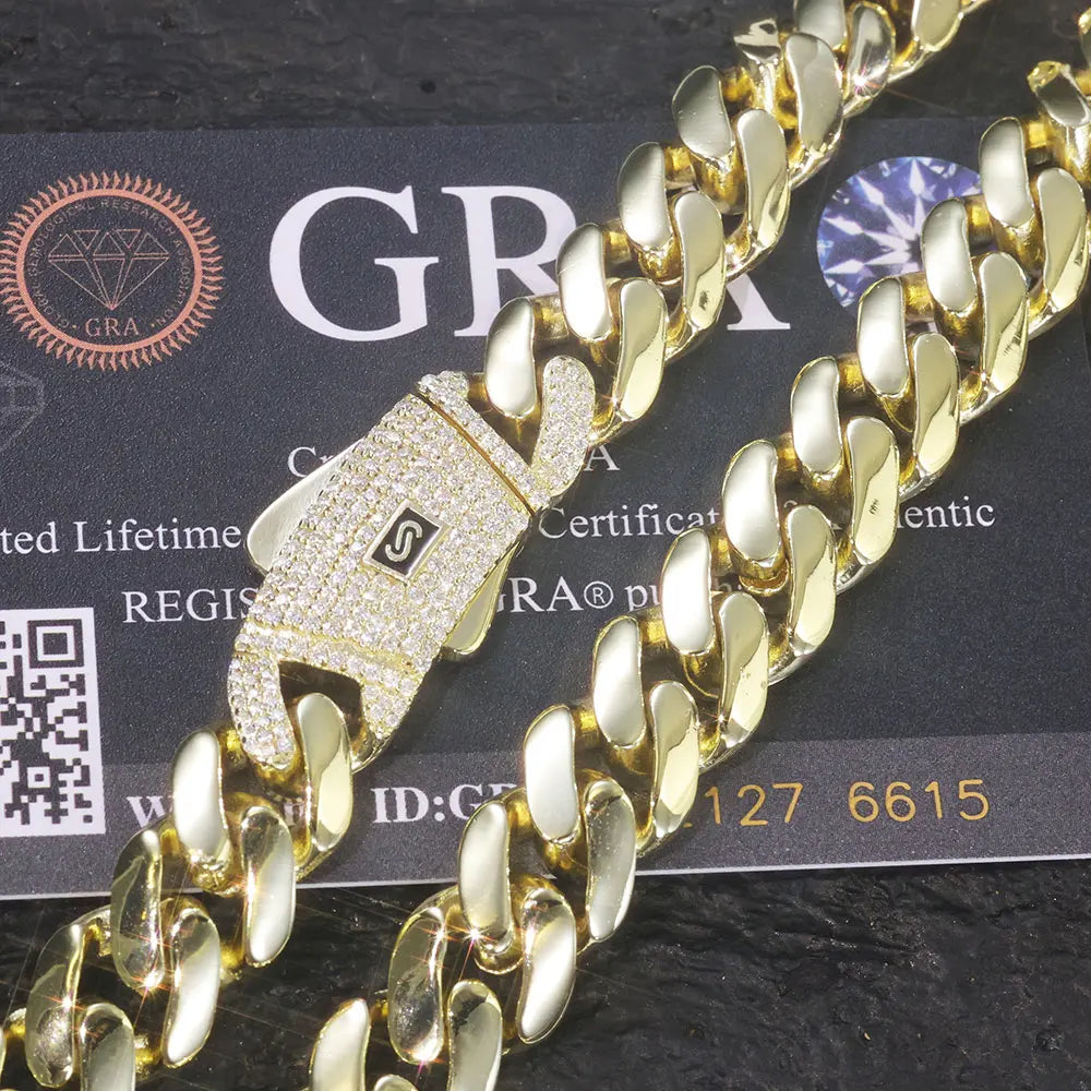 New 925 Silver Chain Iced Out VVS Moissanite Clasp Real 14K Gold Plated 12mm 15mm Cuban Link Necklace Jewelry