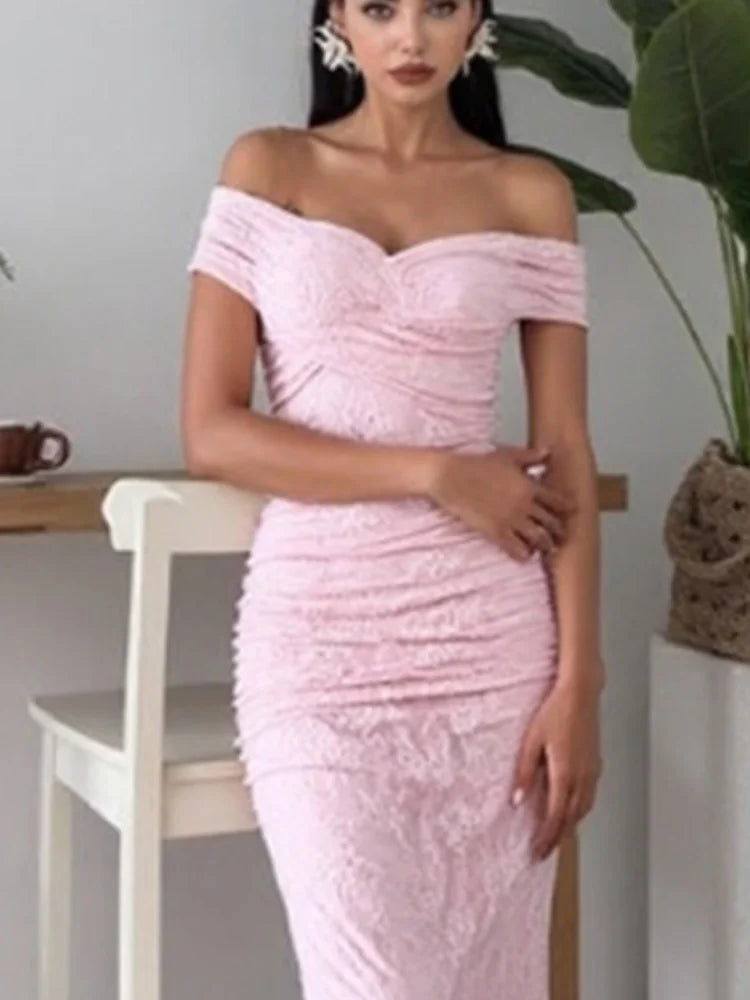 Chic elegant women lace evening maxi dresses off-shoulder pink famale.