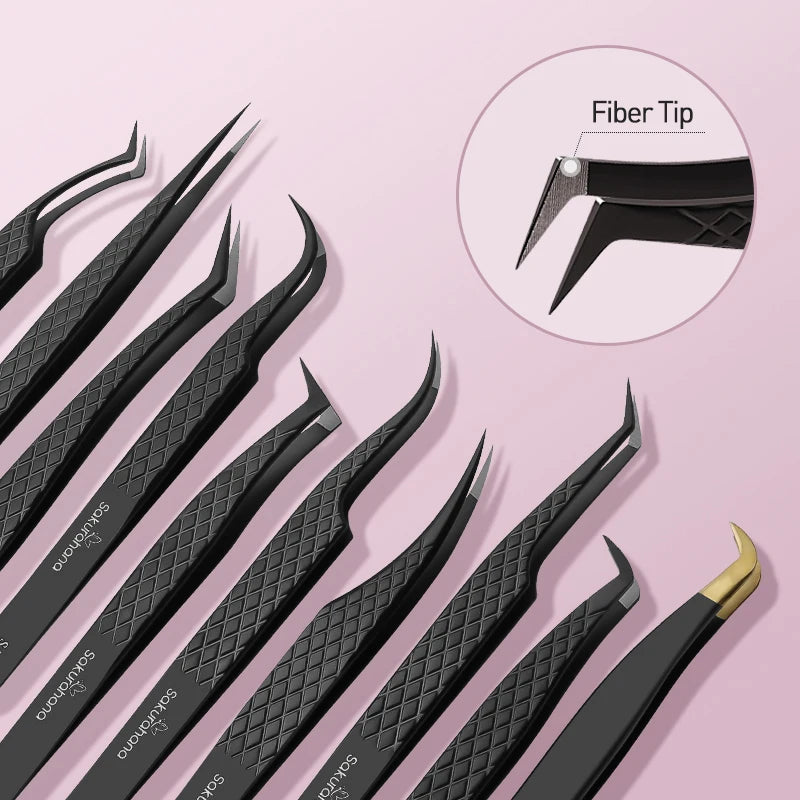 SAKURUHANA Professional Eyelash Tweezers Black Fiber Tip For Lash Extensions Mega Volume Mink Lashes Makeup Beauty Kit