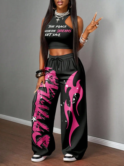 Graphic racerback crop top & wide leg pants set for streetwear.