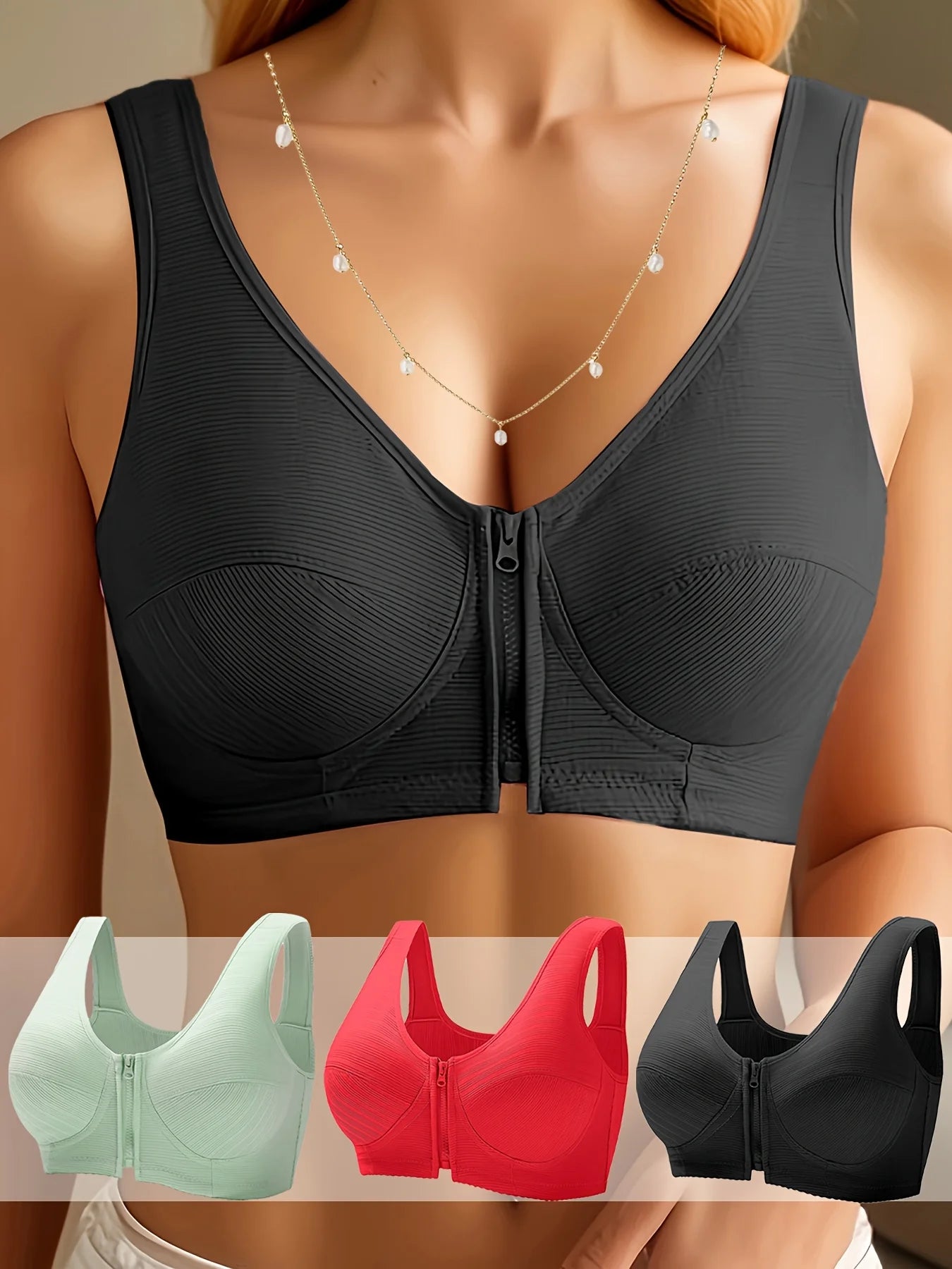 Three pieces of wireless, comfortable women's front-closure brassieres for women's lingerie and undergarments.