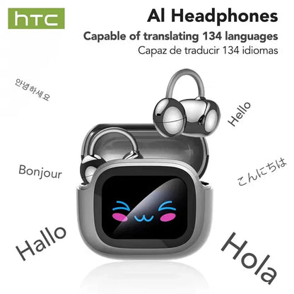 HTC NE32 AI Translator Wireless Earphones OWS Ear Clip Earbuds Bluetooth 6.0 LCD Touch Screen Noise Reduction Sports Headphones