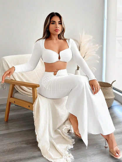 White long sleeve crop top & high waist wide leg pants two piece set for women.
