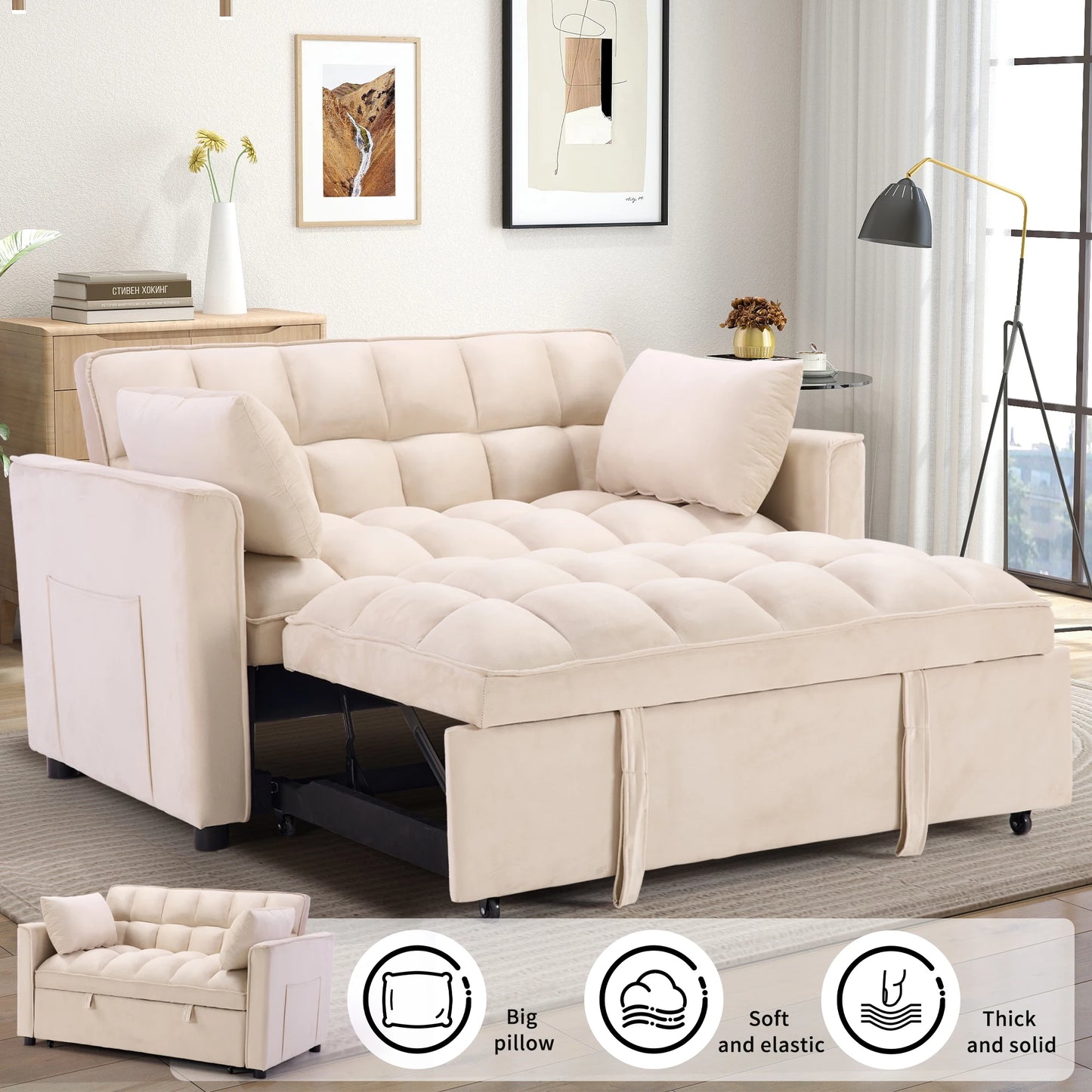3-In-1 Multifunctional Modern Sofa Bed Comfortable Double Sofa With Pillows