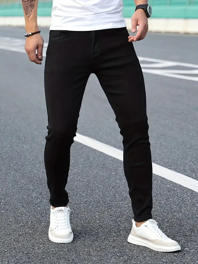 Jeans man stretch black denim, trousers mens solid pants.