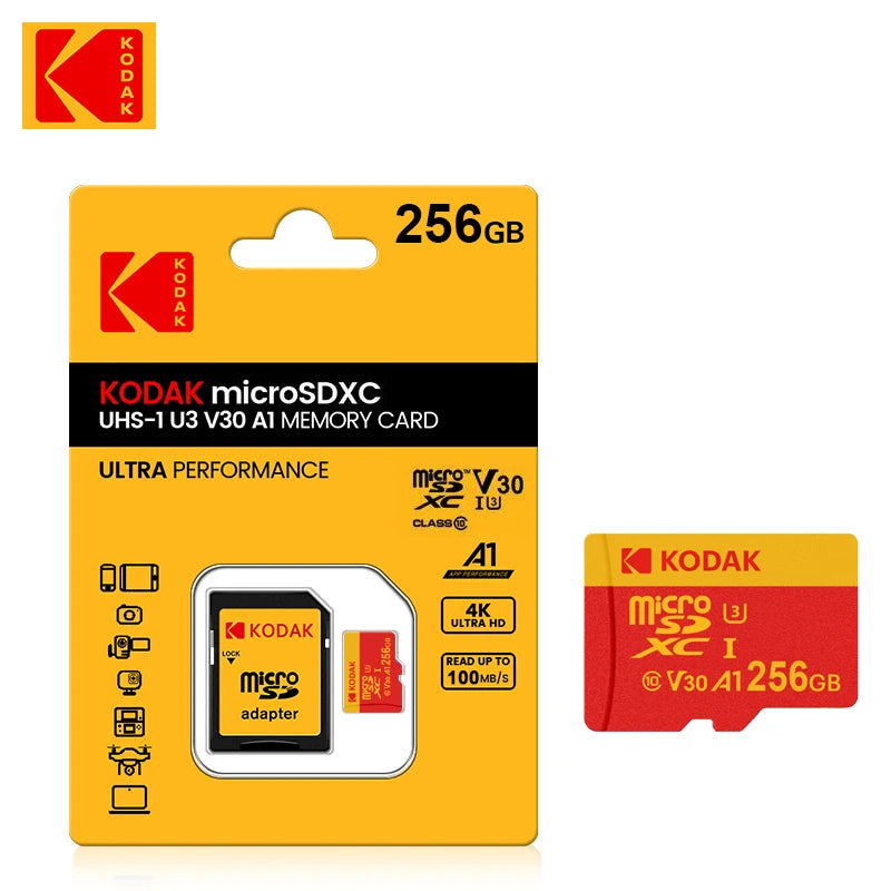 KODAK Micro SD Card Class10 U3 Memory Card MicroSD 64GB 128GB 256GB SD/TF Flash Card on For Smartphone Tablet Camera