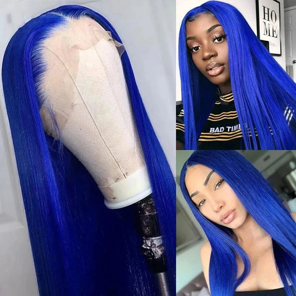 Blue Lace Wig Bone Straight Lace Front Wig HD Transparent Pre Plucked 13X4 Lace Frontal Wigs Synthetic Ready To Go perruque