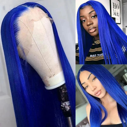 Blue Lace Wig Bone Straight Lace Front Wig HD Transparent Pre Plucked 13X4 Lace Frontal Wigs Synthetic Ready To Go perruque