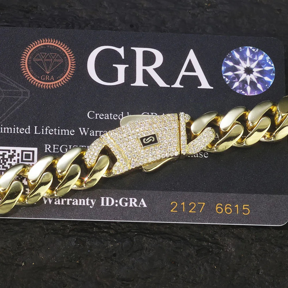 New 925 Silver Chain Iced Out VVS Moissanite Clasp Real 14K Gold Plated 12mm 15mm Cuban Link Necklace Jewelry