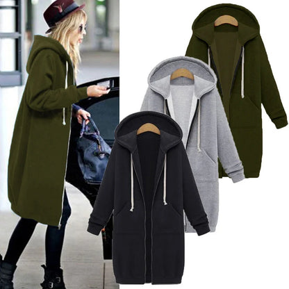 Women's ThickenHoodies Parkas Loose Hooded Jackets Zipper Pocket Maxi Size Sweatshirt Sports Dresses Outwear