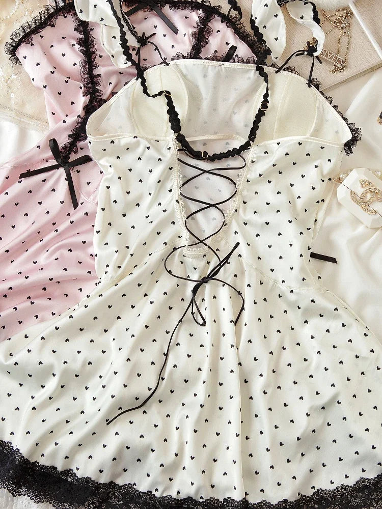 Pajamas with corset underwear sweet polka dot lace backless lingerie halter nightgown homewear nightgowns