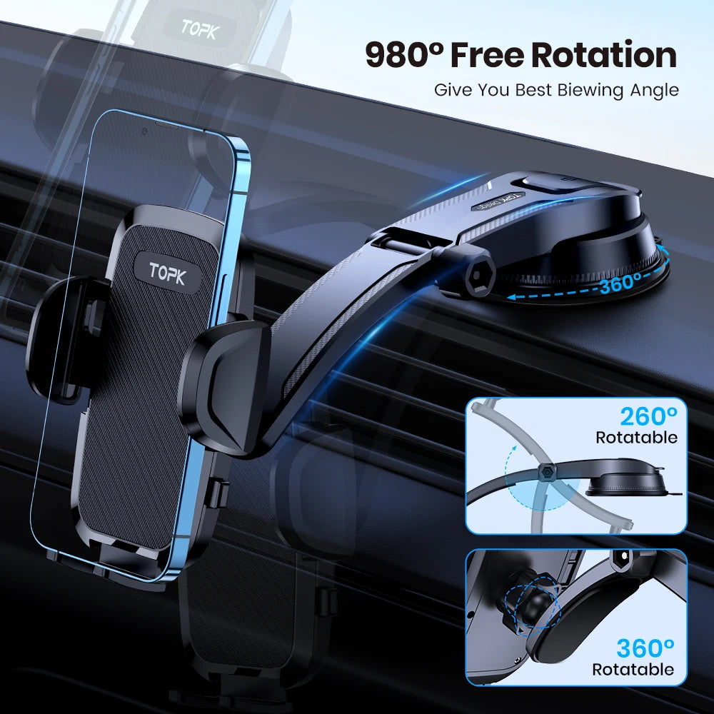TOPK Car Phone Holder Mount, Upgraded Handsfree Stand, Phone Holder for Car Dashboard, Compatible with iPhone Android