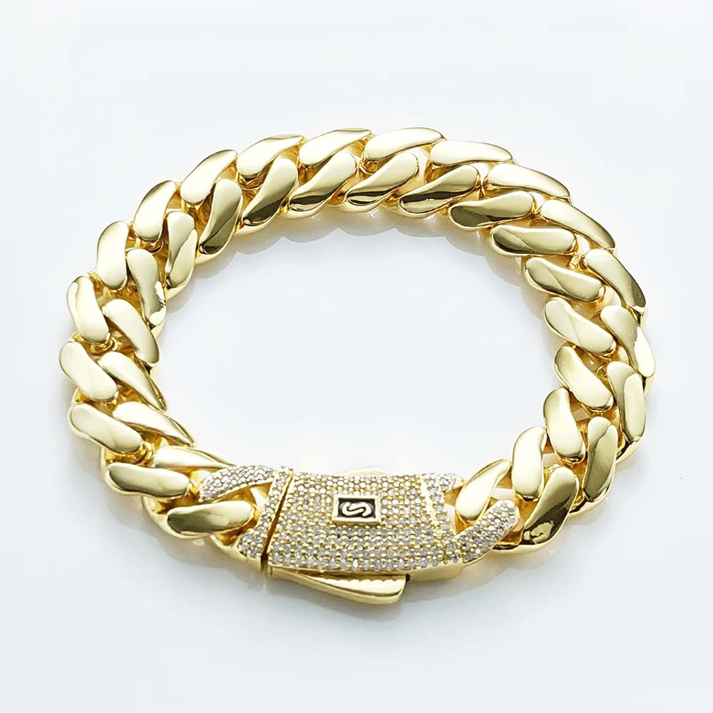 Hot sale 14k gold plated mans chain iced out clasp necklace miami 12/15/20mm brass cuban link chain for men.