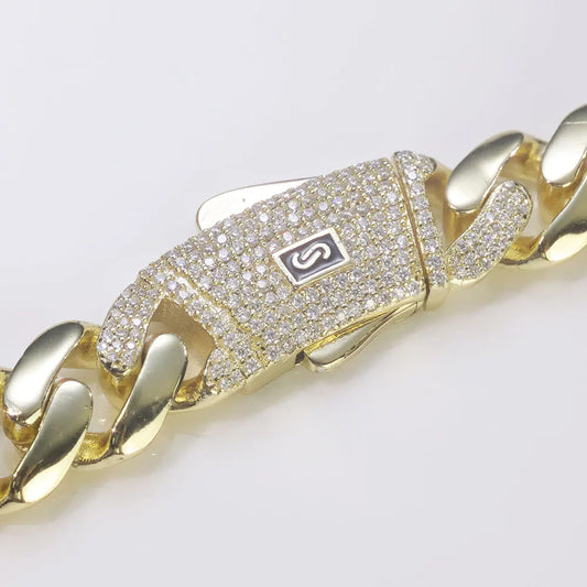 New 925 Silver Chain Iced Out VVS Moissanite Clasp Real 14K Gold Plated 12mm 15mm Cuban Link Necklace Jewelry