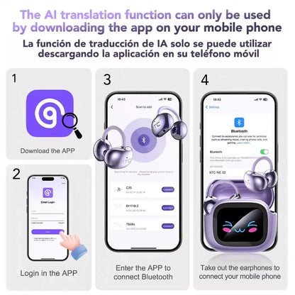 HTC NE32 AI Translator Wireless Earphones OWS Ear Clip Earbuds Bluetooth 6.0 LCD Touch Screen Noise Reduction Sports Headphones