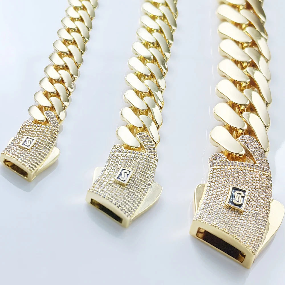 Hot sale 14k gold plated mans chain iced out clasp necklace miami 12/15/20mm brass cuban link chain for men.