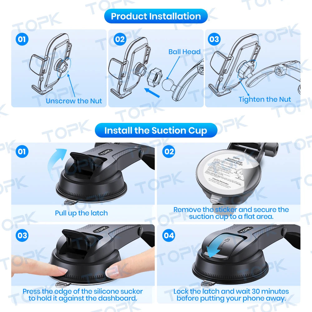 TOPK Car Phone Holder Mount, Upgraded Handsfree Stand, Phone Holder for Car Dashboard, Compatible with iPhone Android