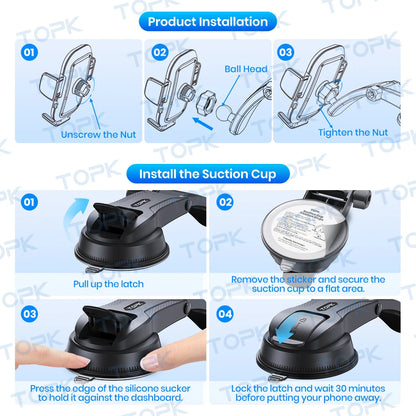 TOPK Car Phone Holder Mount, Upgraded Handsfree Stand, Phone Holder for Car Dashboard, Compatible with iPhone Android