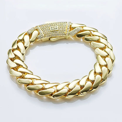 Hot sale 14k gold plated mans chain iced out clasp necklace miami 12/15/20mm brass cuban link chain for men.