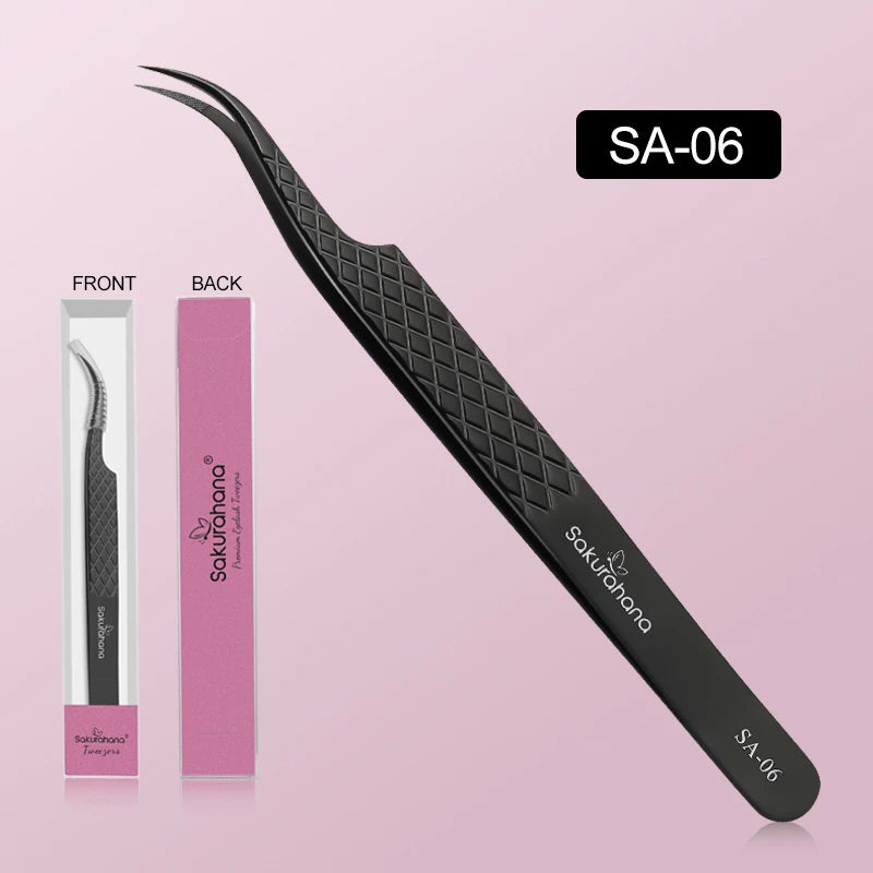 SAKURUHANA Professional Eyelash Tweezers Black Fiber Tip For Lash Extensions Mega Volume Mink Lashes Makeup Beauty Kit
