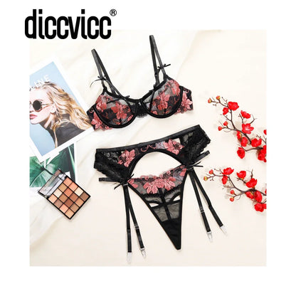Diccvicc Daring Lingerie Elegant Embroidery Floral Bra Panty Set Garter Seductive Woman Underwear Exotic Intimate Undergarment
