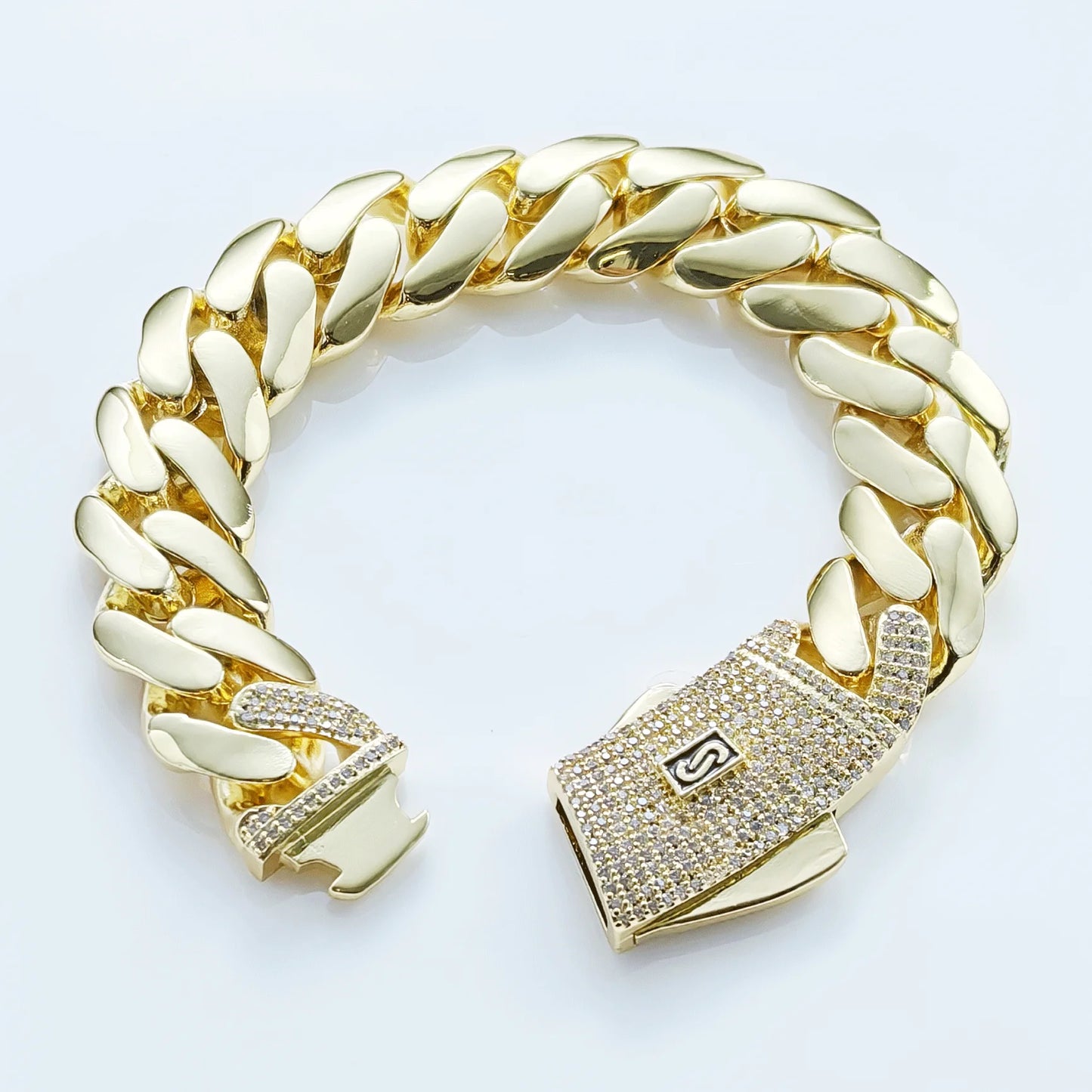 Hot sale 14k gold plated mans chain iced out clasp necklace miami 12/15/20mm brass cuban link chain for men.